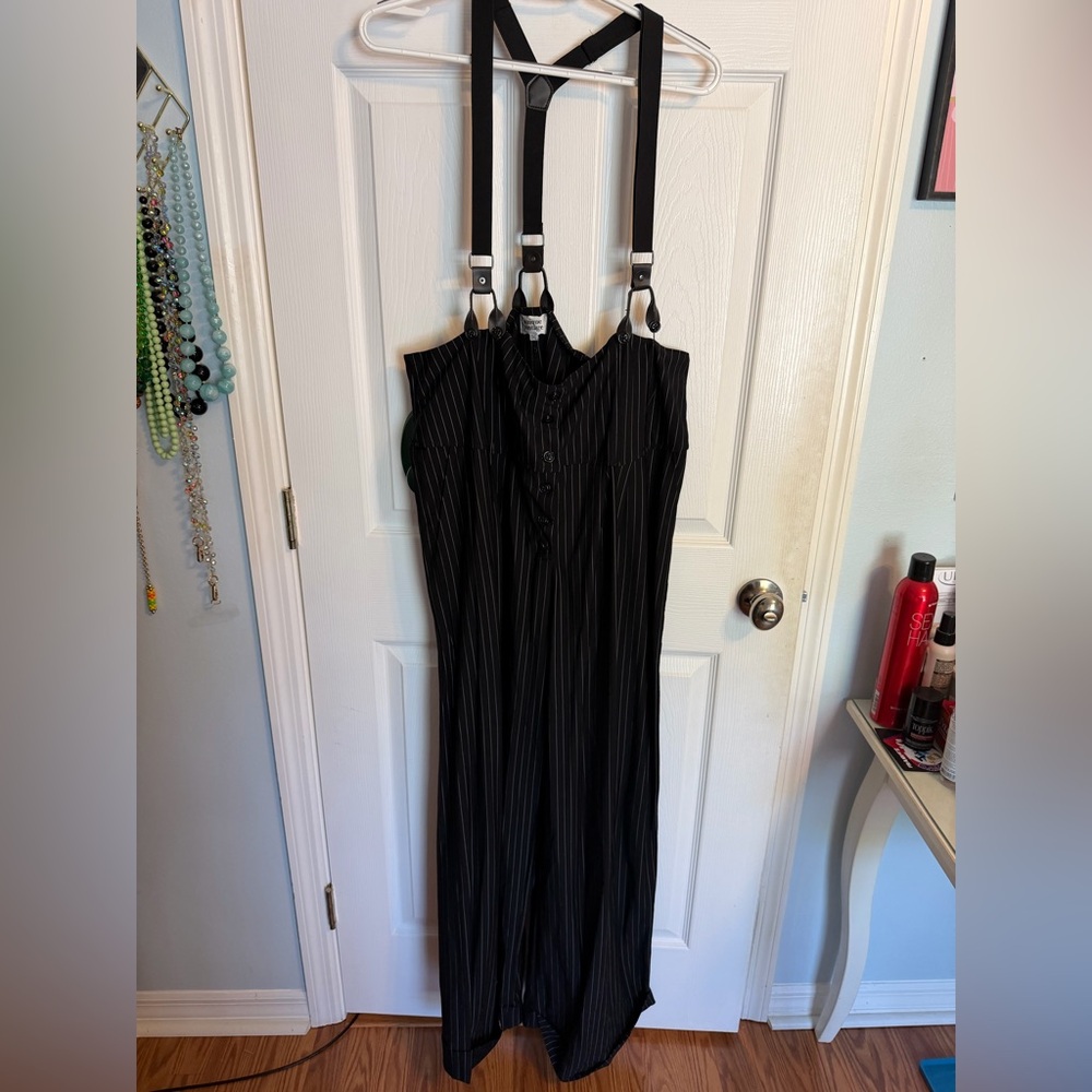 Unique Vintage Black Pinstripe Maxi Jumpsuit with Suspenders
